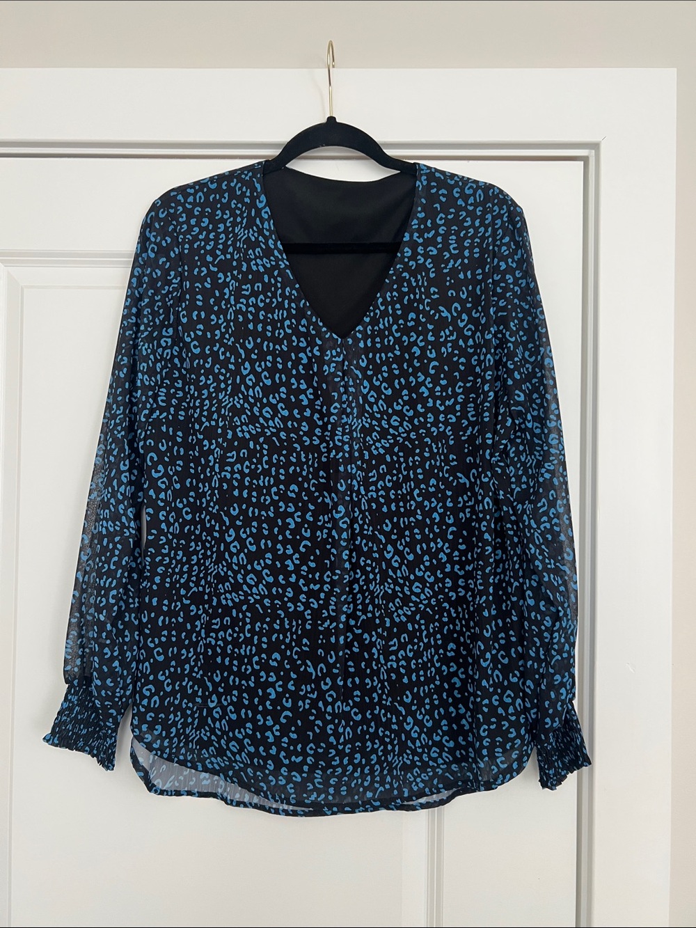 Blue Animal-Print V-Neck Sheer Blouse